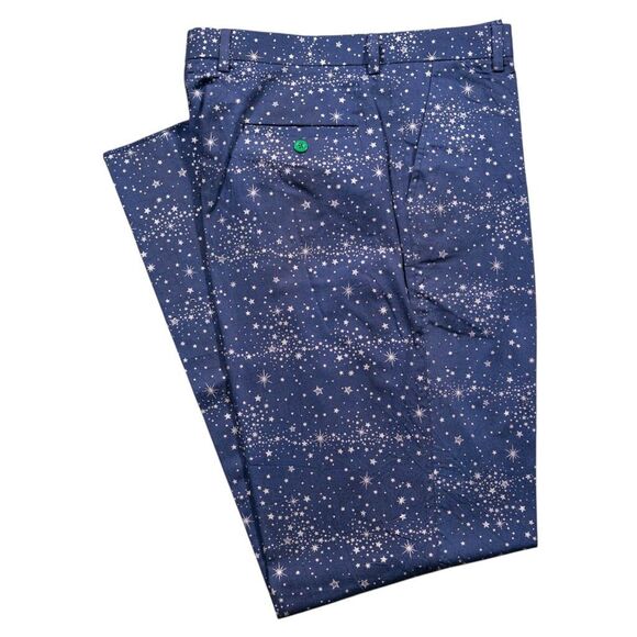 Mens 34 Chino Pants Navy Blue Star Print Straight Fit Flat Front Dress Trousers - Picture 1 of 10